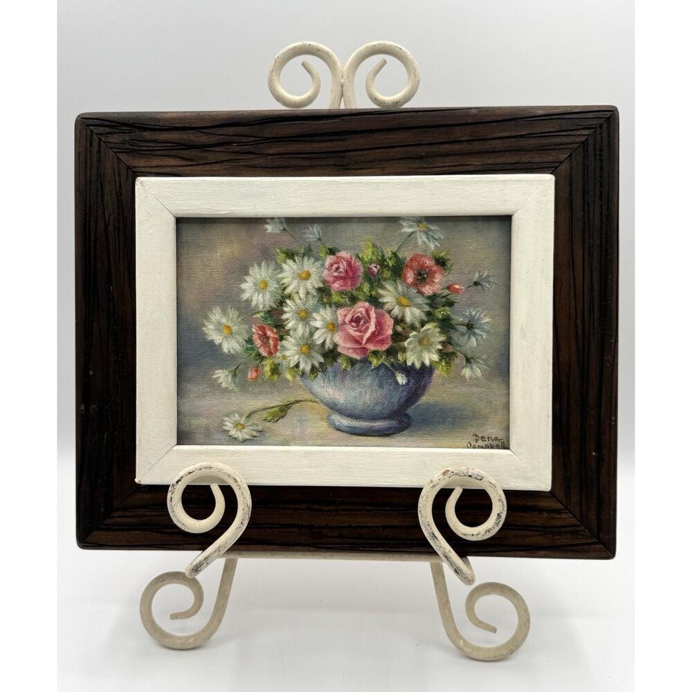 Vintage Original Art Oil Painting Still Life Roses Daisies Flowers Artist Signed